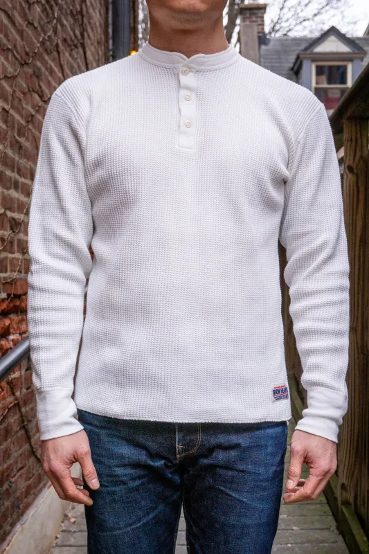 Iron Heart IHTL-1213-WHT Waffle Knit Long Sleeved Thermal Henley - White sold by Franklin and Poe