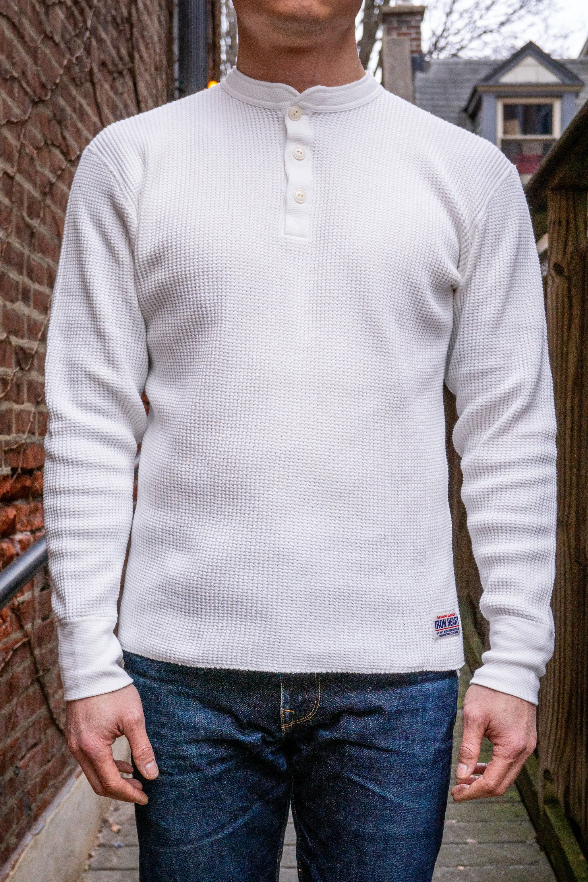 Iron Heart IHTL-1213-WHT Waffle Knit Long Sleeved Thermal Henley - White sold by Franklin and Poe