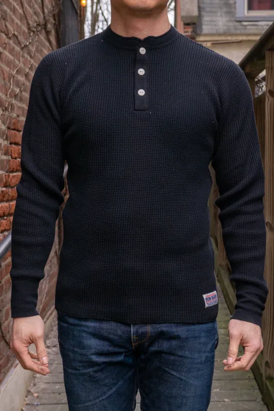 Iron Heart IHTL-1213-BLK Waffle Knit Long Sleeved Thermal Henley - Black sold by Franklin and Poe