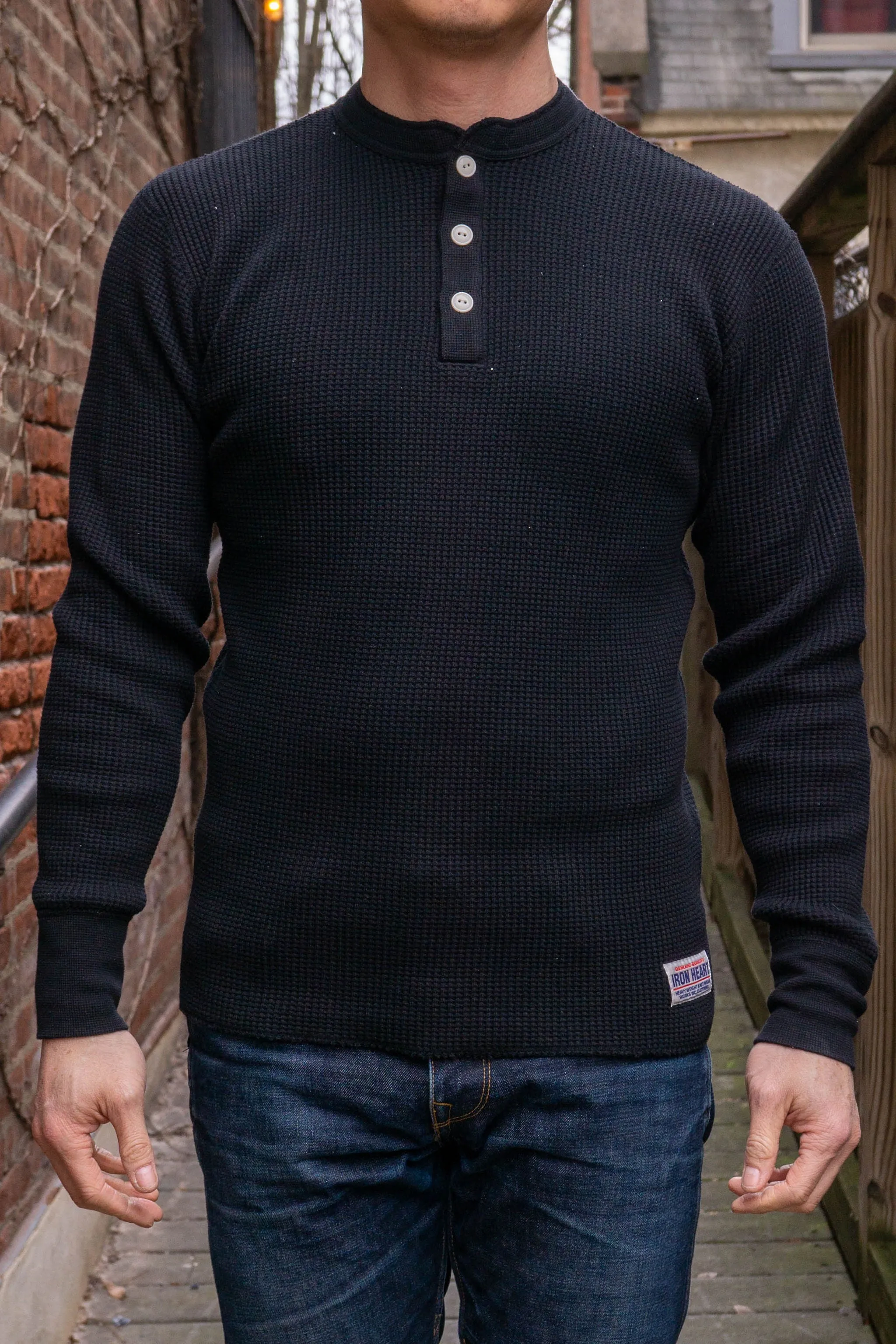 Iron Heart IHTL-1213-BLK Waffle Knit Long Sleeved Thermal Henley - Black sold by Franklin and Poe