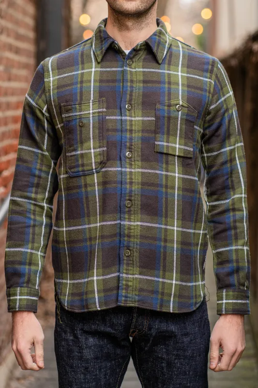 Pure Blue Japan 2222-OL Raised Surface Check Double Pocket Shirt -Olive sold by Franklin and Poe
