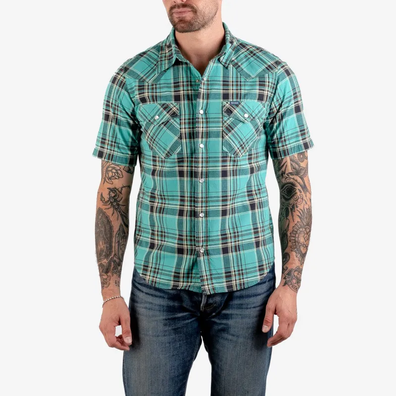 Iron Heart IHSH-359-GRN 5oz Selvedge Madras Check Short Sleeved Western Shirt - Green sold by Franklin and Poe