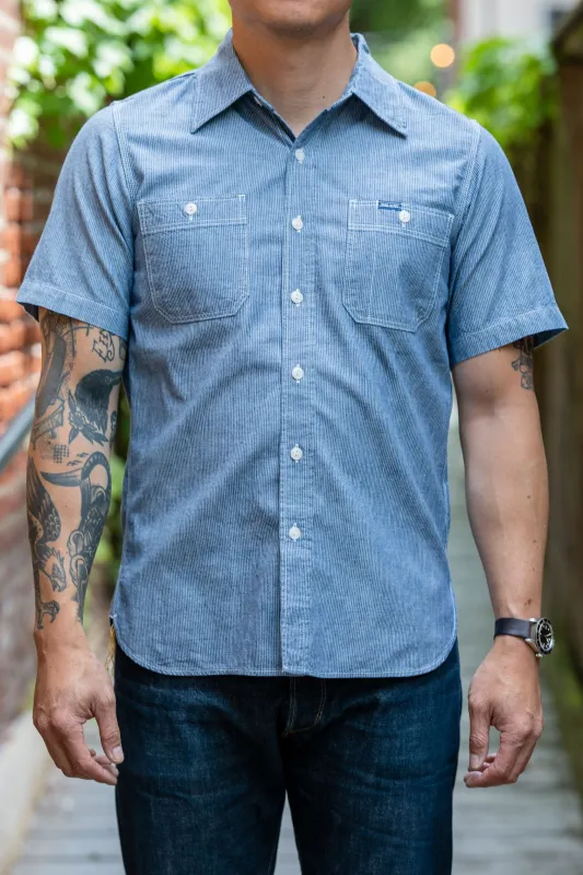 Iron Heart IHSH-285-PIN 5.5oz Selvedge Chambray Short Sleeve Work Shirt - Hairline Stripe sold by Franklin and Poe