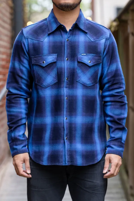 Iron Heart IHSH-348-IND 9oz Selvedge Ombré Check Western Shirt - Indigo sold by Franklin and Poe