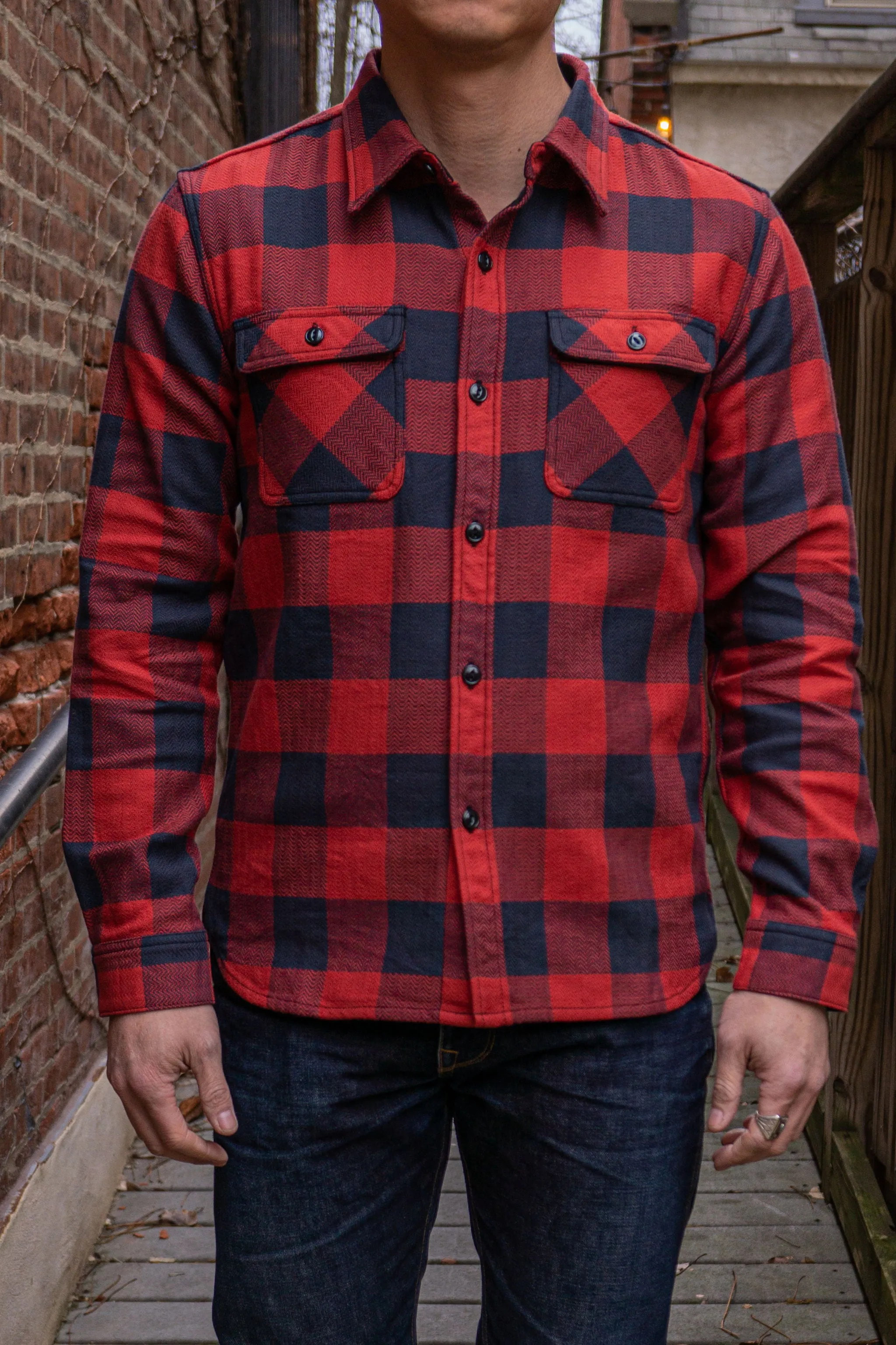 The Flat Head SNR-101L Block Check Flannel Shirt - Red/Black sold by Franklin and Poe