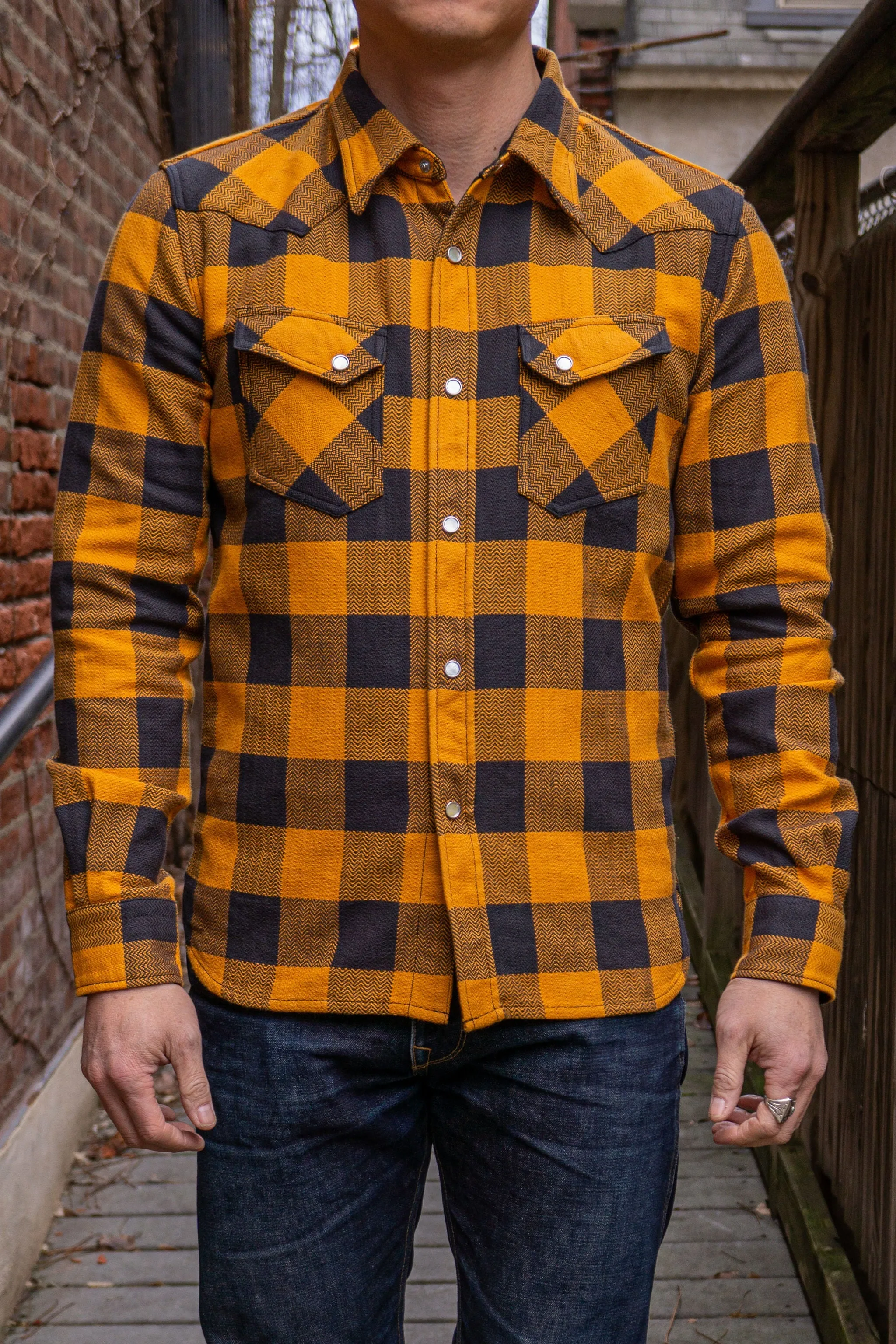 The Flat Head SNW-101L Block Check Western Flannel Shirt - Orange/Charcoal sold by Franklin and Poe