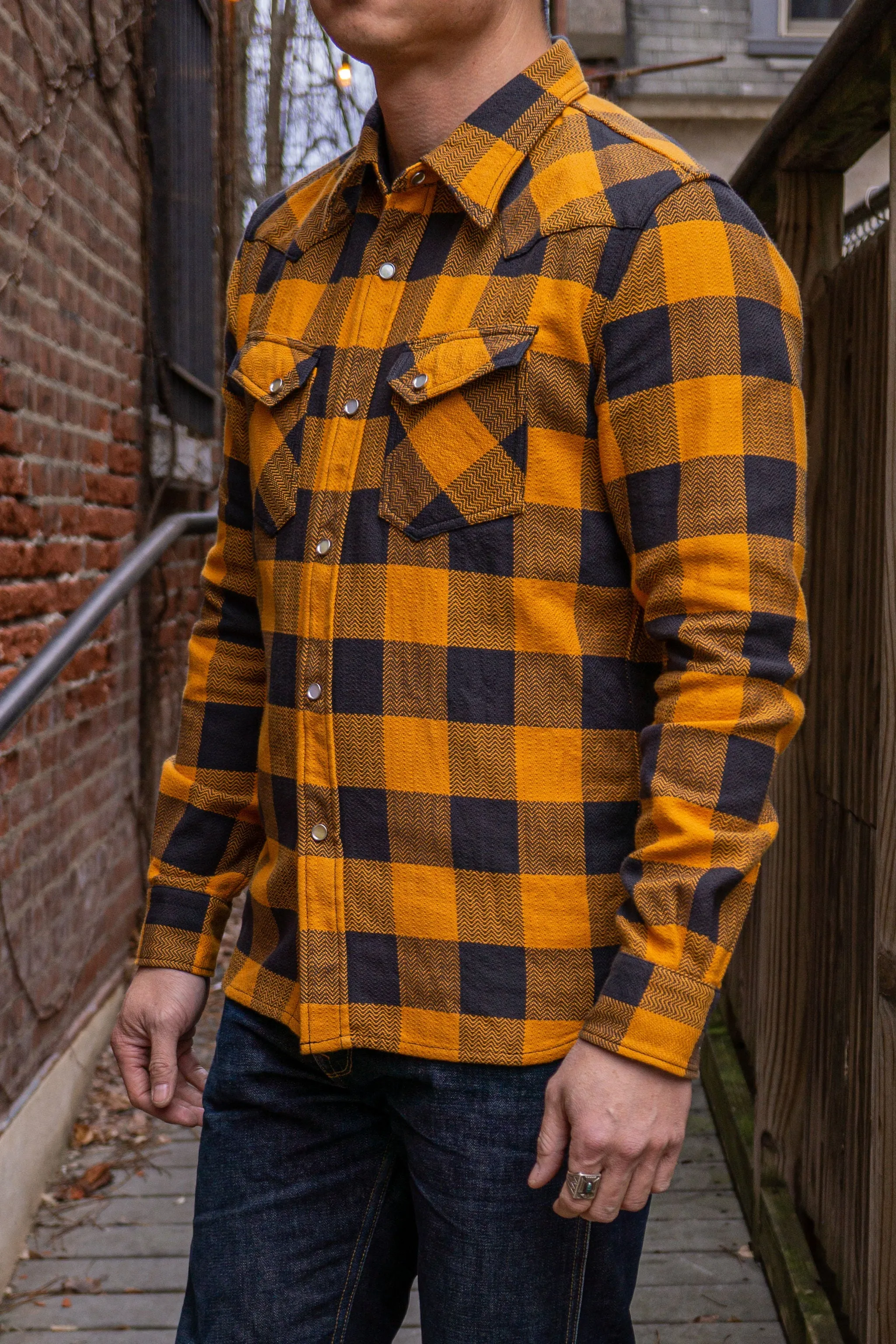 The Flat Head SNW-101L Block Check Western Flannel Shirt - Orange/Charcoal sold by Franklin and Poe product image thumbnail 2