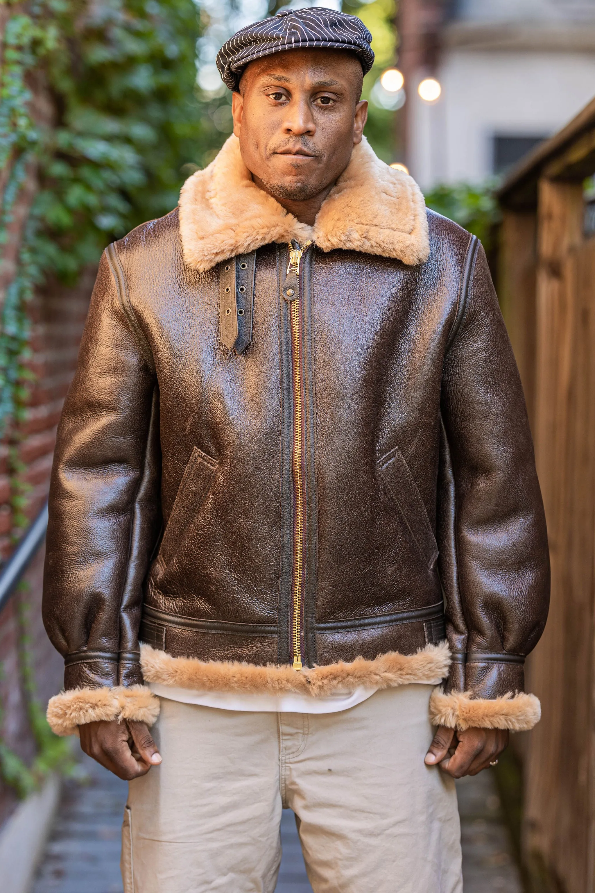Schott NYC 257S Classic B-3 Sheepskin Leather Bomber Jacket - Brown with Gold sold by Franklin and Poe