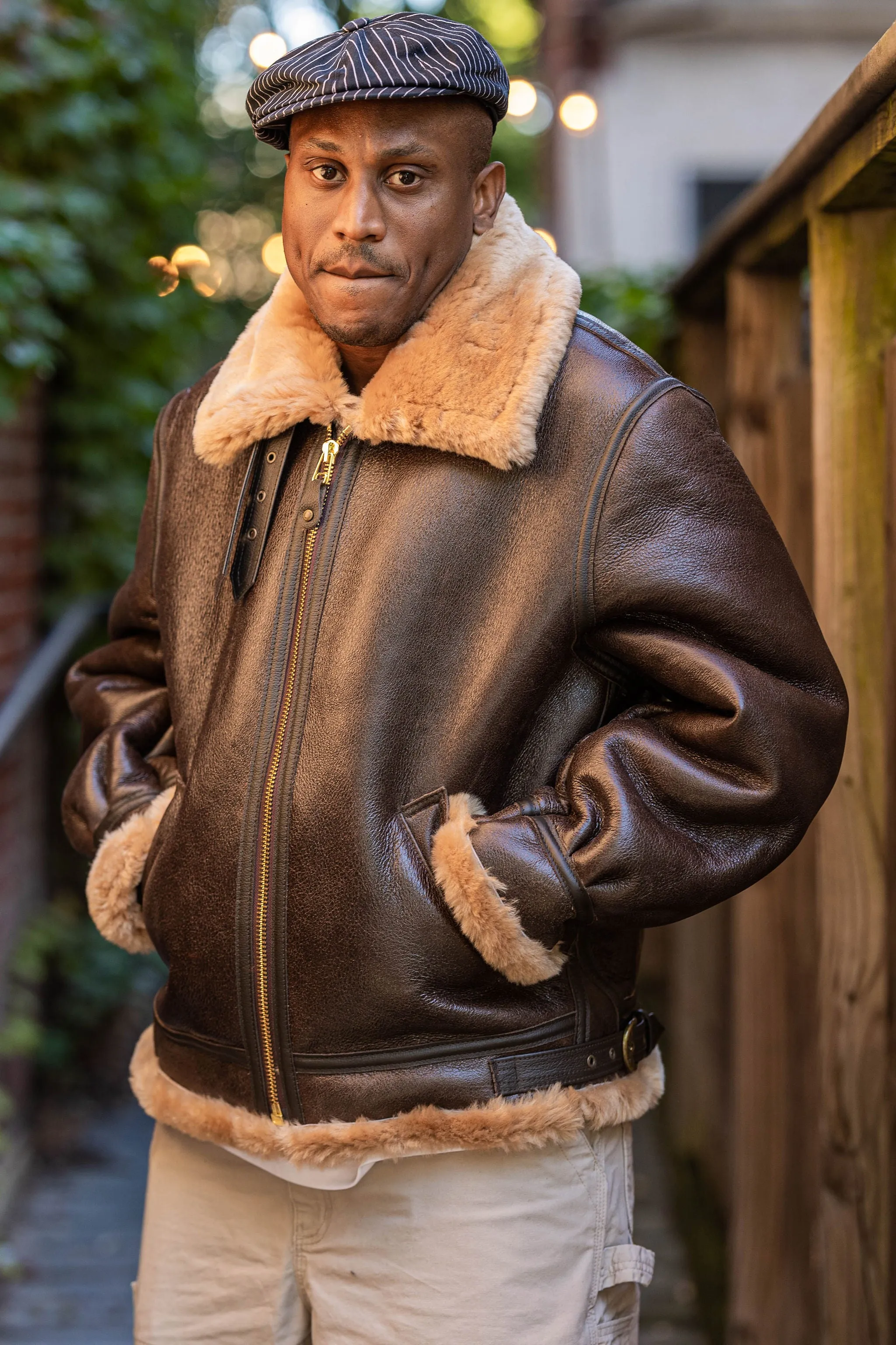 Schott NYC 257S Classic B-3 Sheepskin Leather Bomber Jacket - Brown with Gold sold by Franklin and Poe product image thumbnail 2
