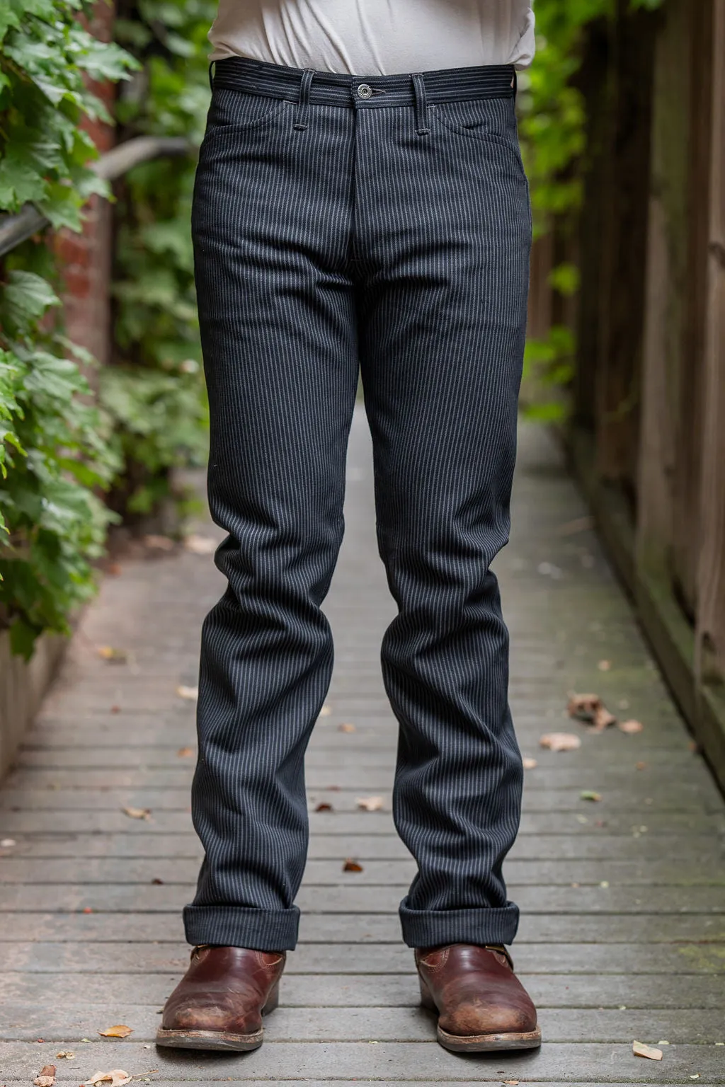 Indigofera Swearengen Pant - Grey/Black Hickory Stripe sold by Franklin and Poe