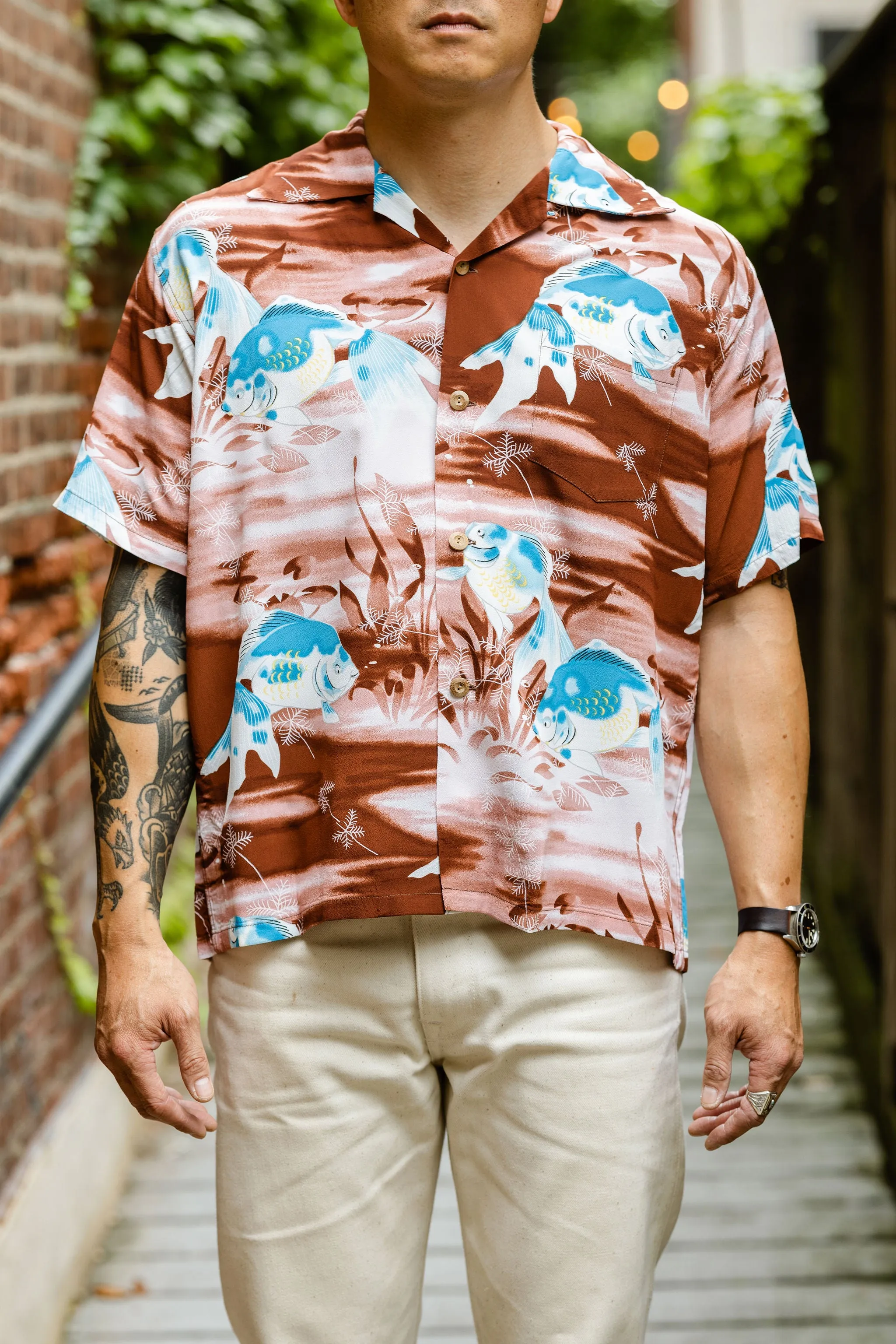 Sun Surf Goldfish S/S Rayon Hawaiian Shirt - Brown sold by Franklin and Poe