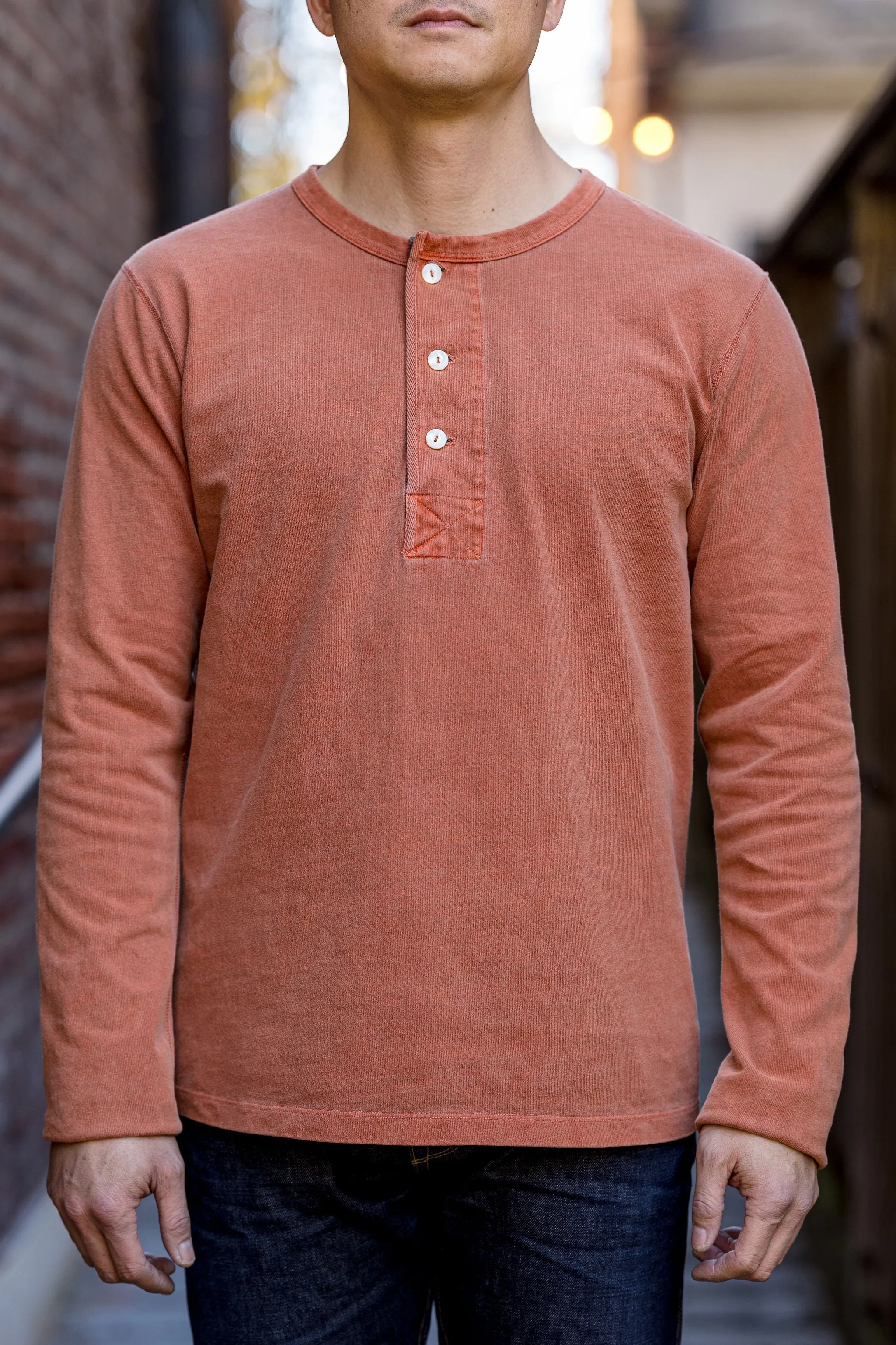 Freenote Cloth 13oz Henley L/S - Rust sold by Franklin and Poe