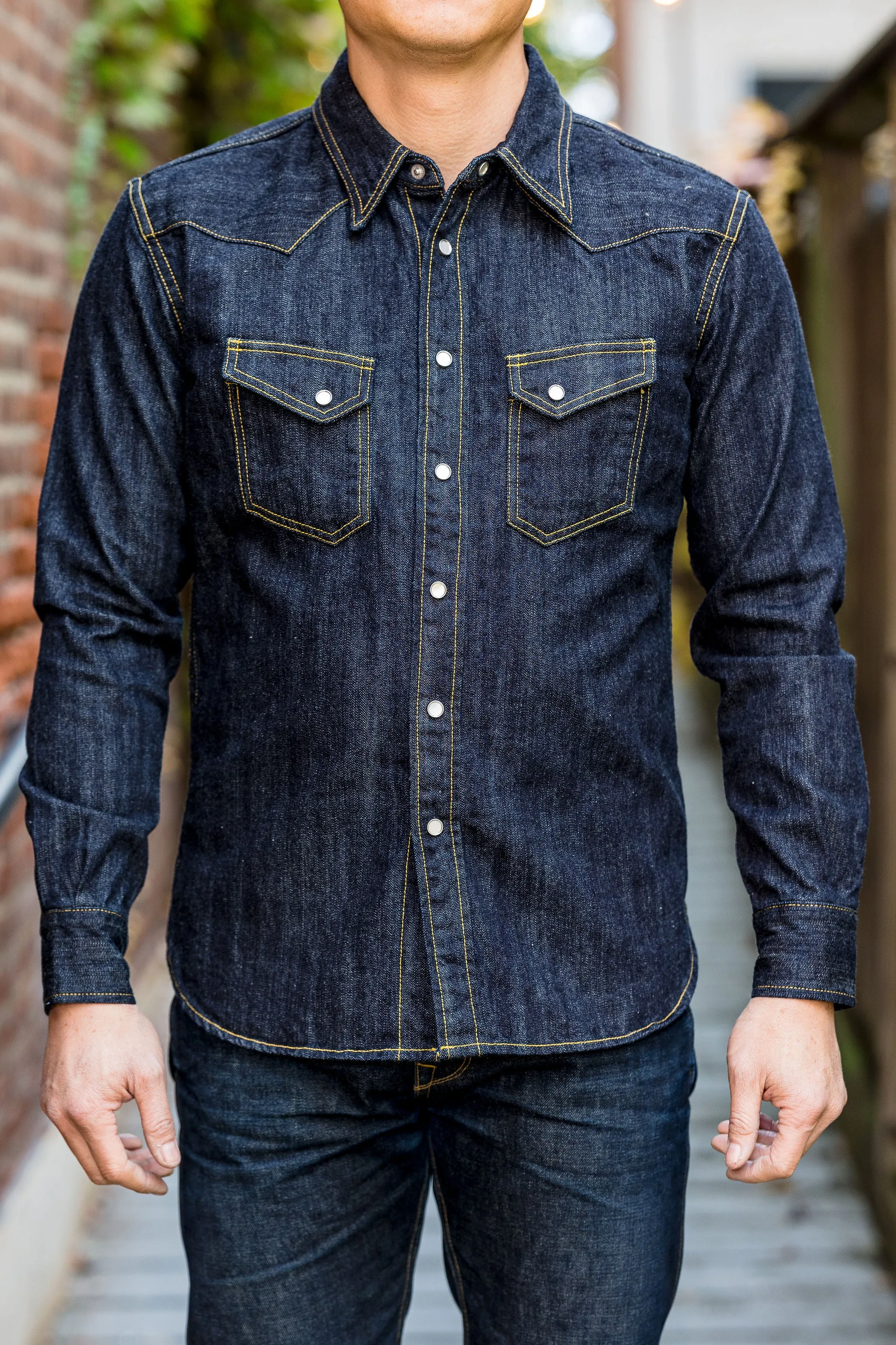 The Flat Head FN-SDW-001L Denim Western Shirt - 10oz Selvedge Denim sold by Franklin and Poe