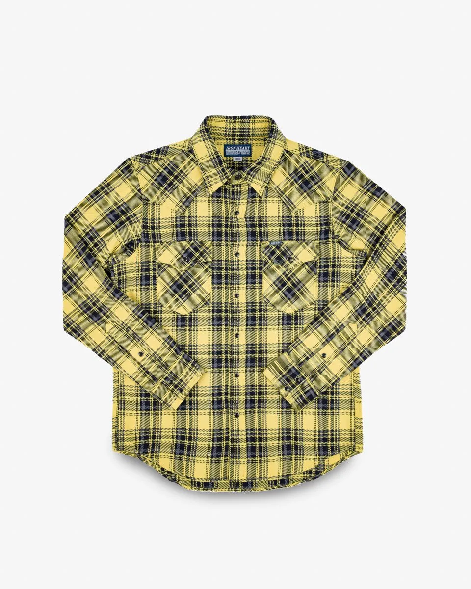 Iron Heart IHSH-411-YEL 9oz Selvedge Indigo Check Flannel Western Shirt - Yellow sold by Franklin and Poe