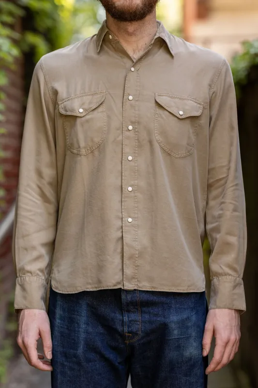 Wythe Tencel Gabardine Pearlsnap Shirt - Camp Khaki sold by Franklin and Poe