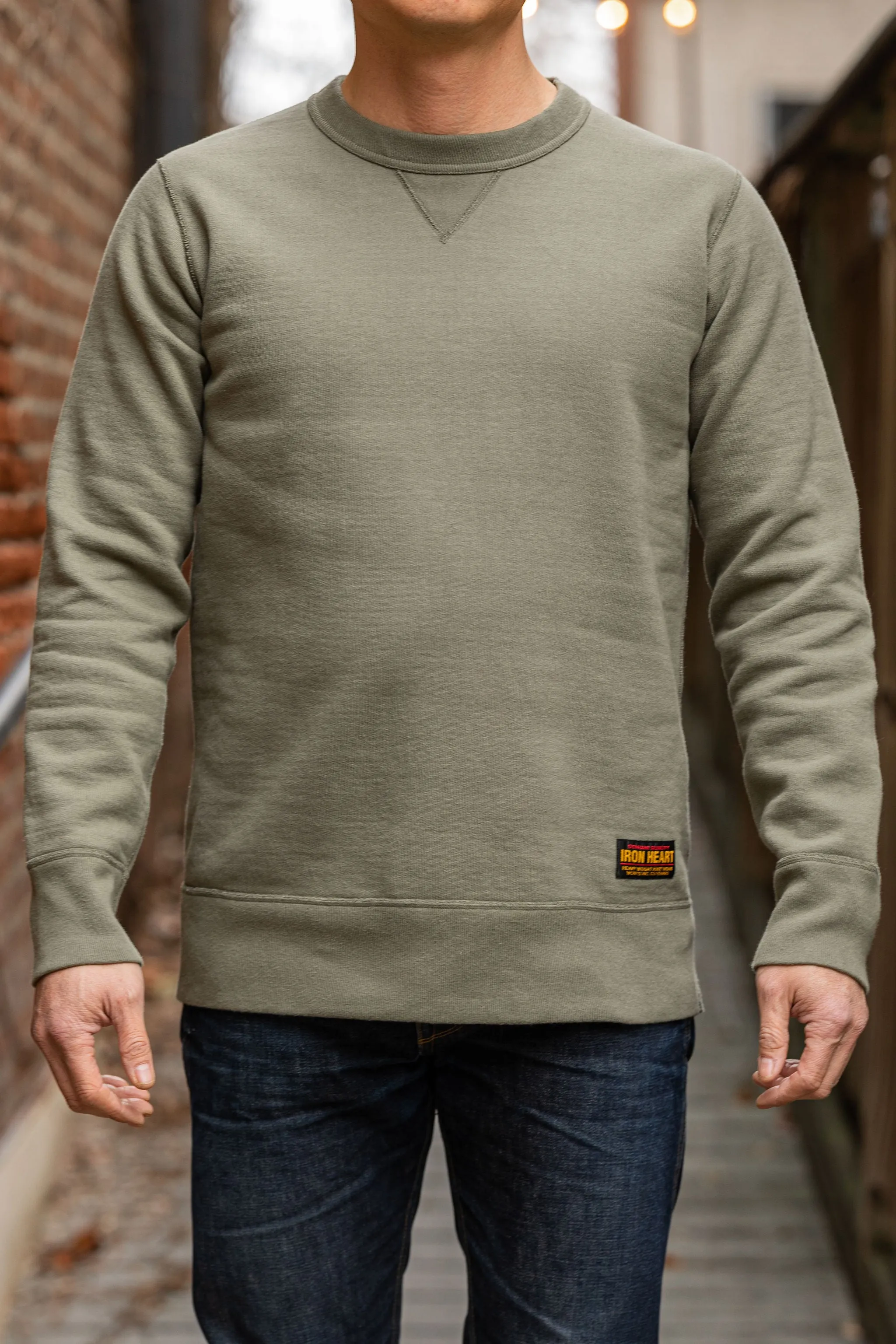 Iron Heart IHSW-69L-OLV 14oz Ultra Heavyweight Loopwheel Cotton Crew Neck Sweat - Olive sold by Franklin and Poe