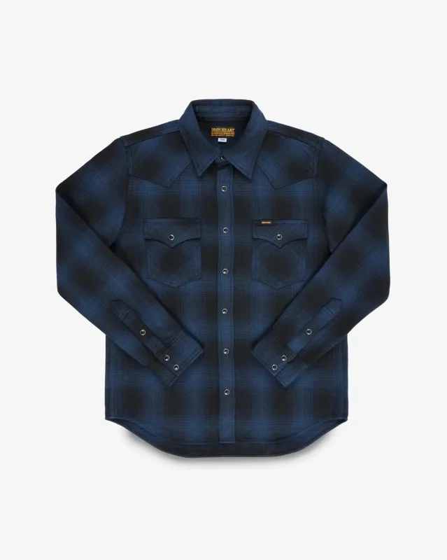 Iron Heart IHSH-264-NAV - Ultra Heavy Flannel Ombré Check Western Shirt - Navy/Black sold by Franklin and Poe