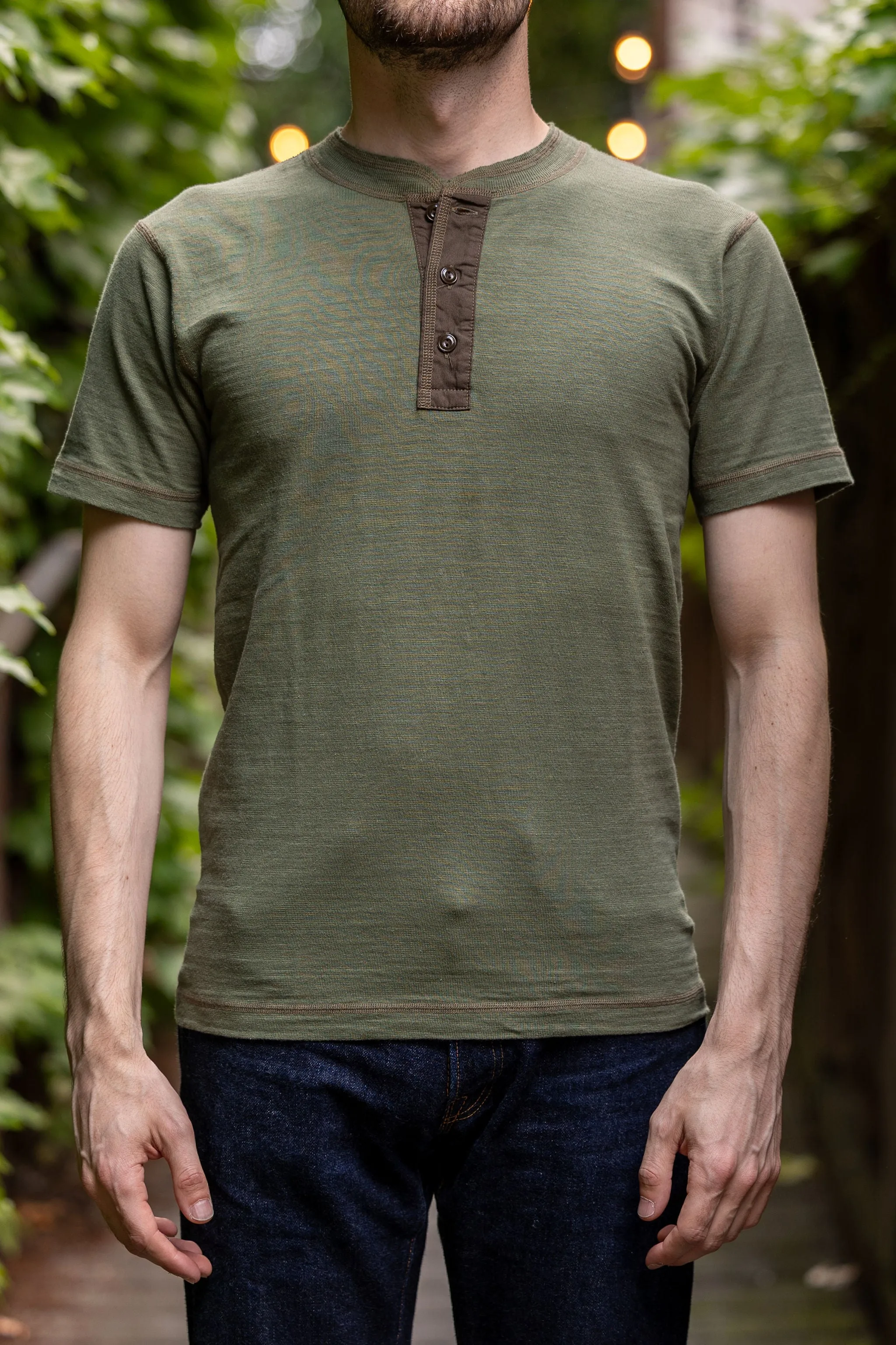 Buzz Rickson's BR79192 Slub Yarn Henley Neck T-Shirt - Olive sold by Franklin and Poe