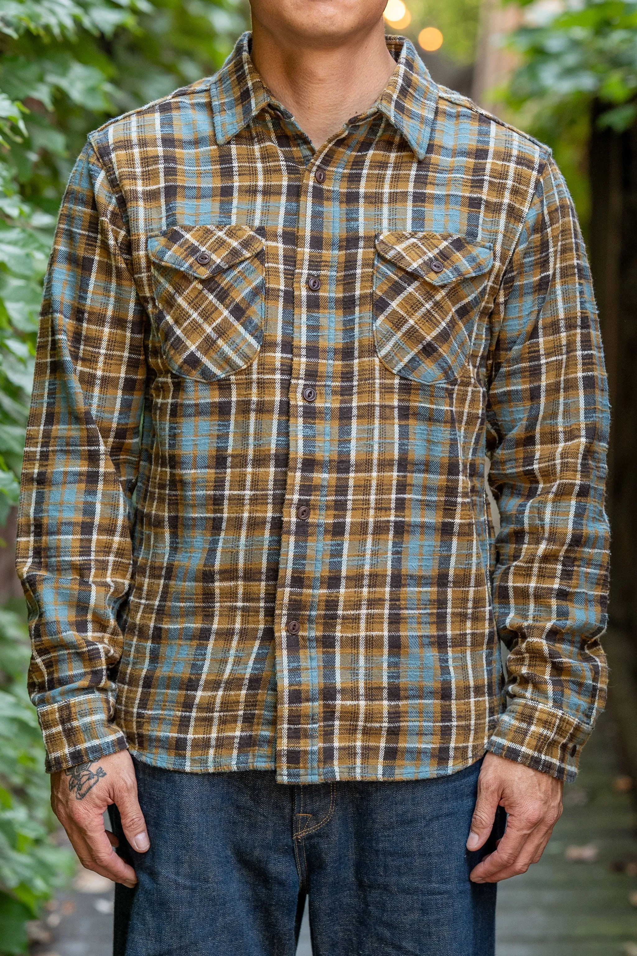 UES 502554 Slubby Flannel Shirts - Mustard sold by Franklin and Poe