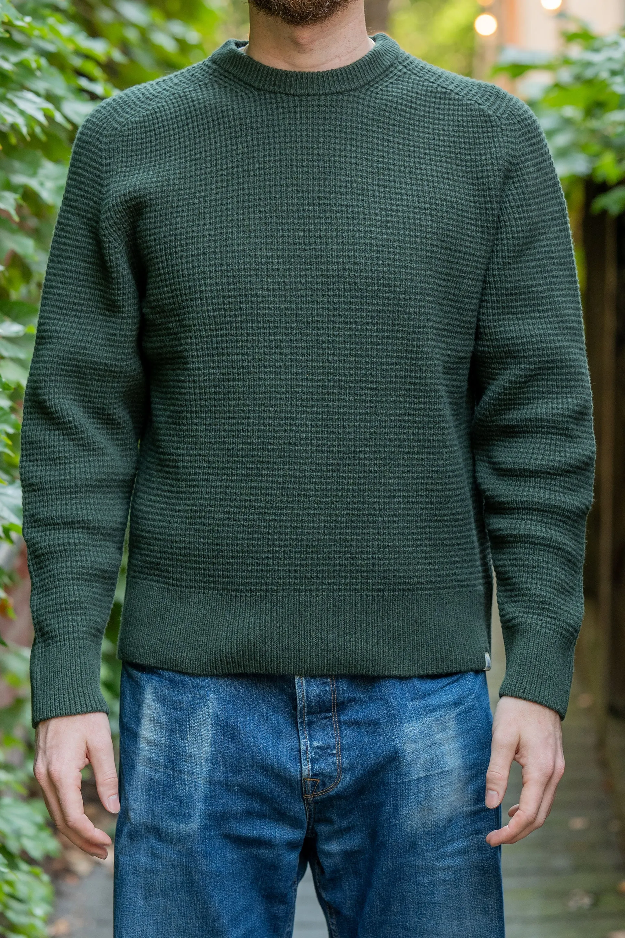 Merz b. Schwanen BLADE02 Merino Wool-Cashmere Waffle Structured Pullover - Bottle Green sold by Franklin and Poe