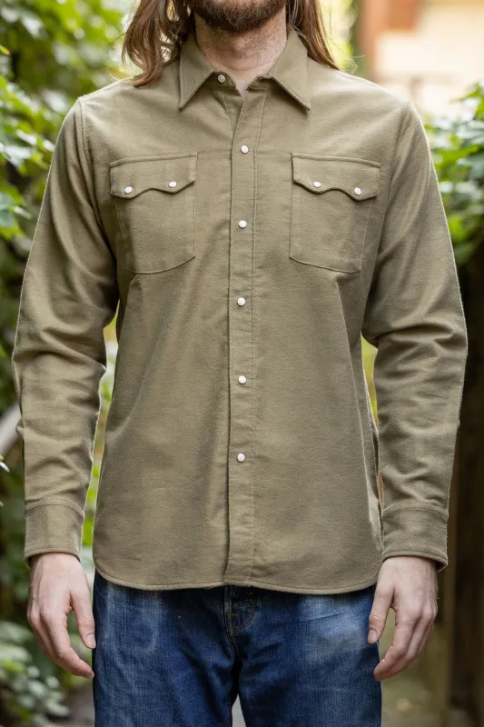 Wythe Moleskin Pearlsnap Shirt - Olive sold by Franklin and Poe