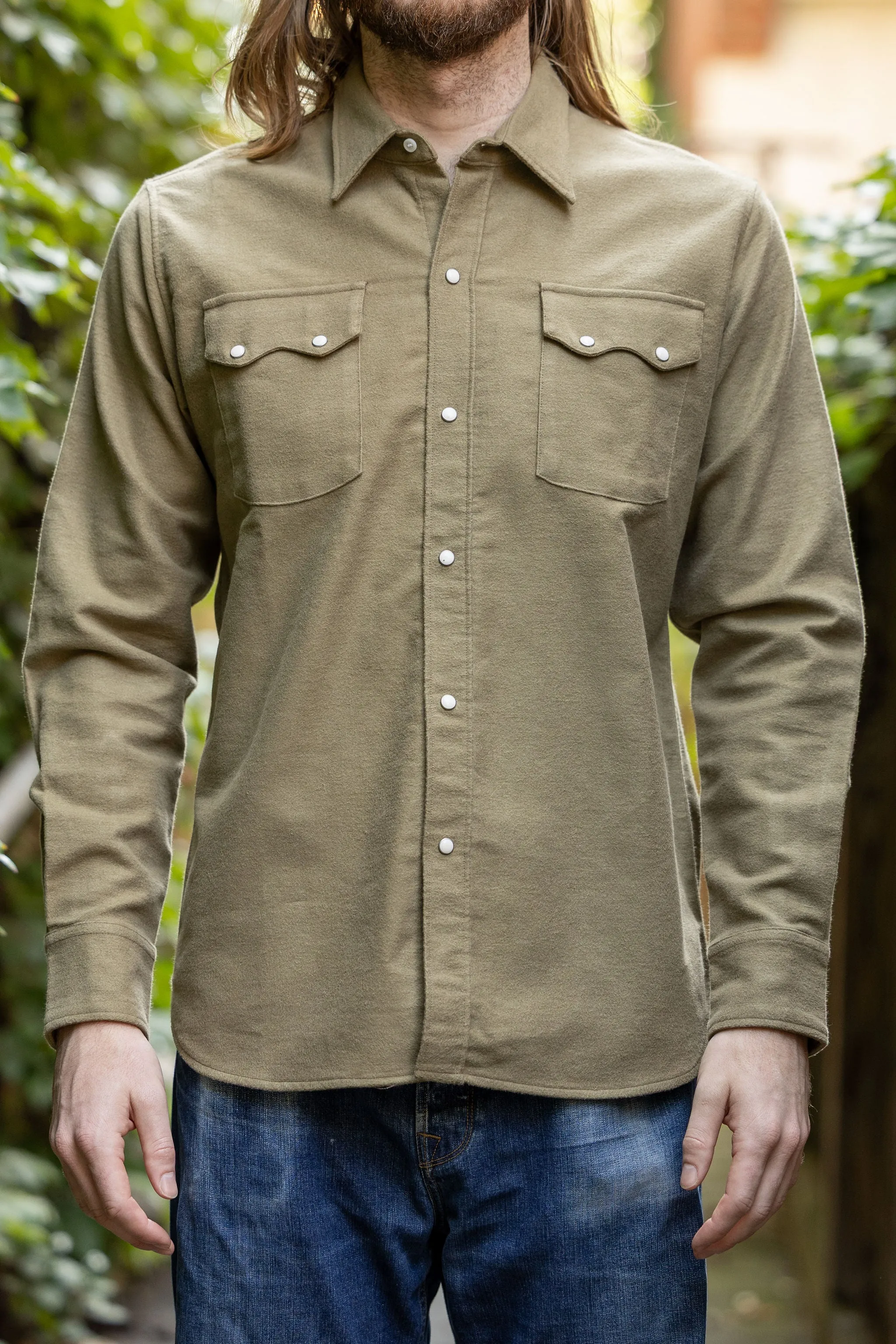 Wythe Moleskin Pearlsnap Shirt - Olive sold by Franklin and Poe