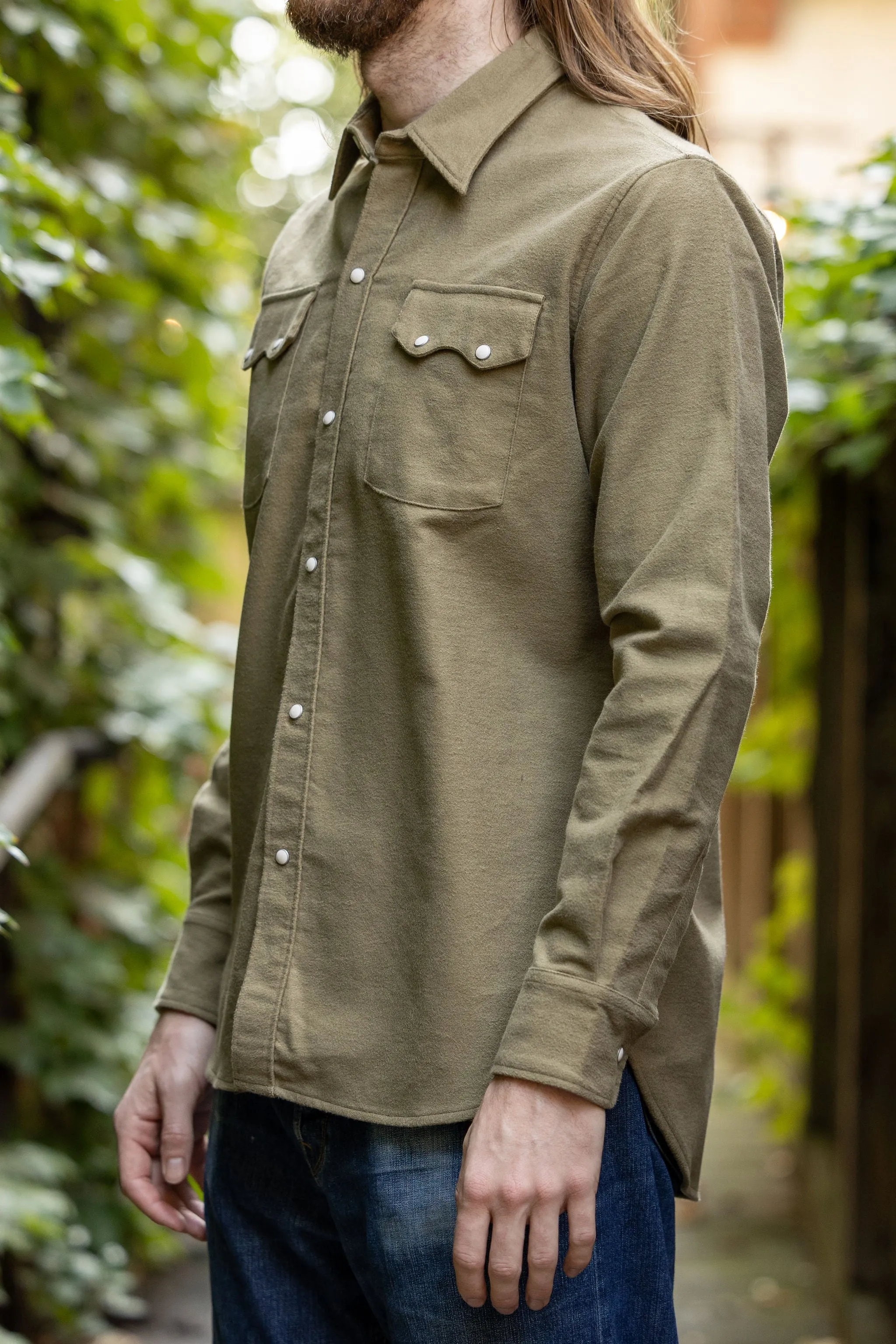 Wythe Moleskin Pearlsnap Shirt - Olive sold by Franklin and Poe product image thumbnail 2