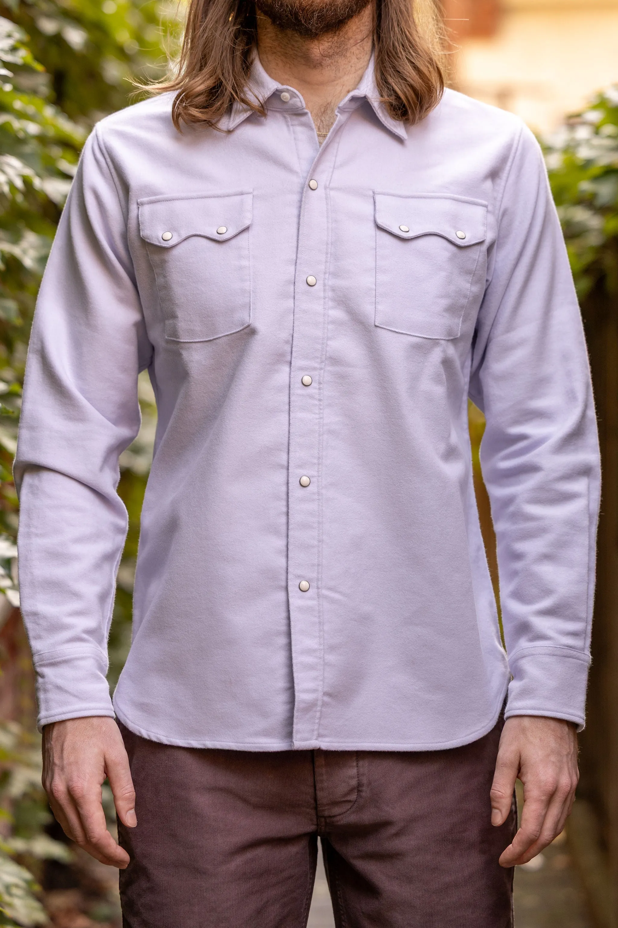 Wythe Moleskin Pearlsnap Shirt - Alpenglow sold by Franklin and Poe