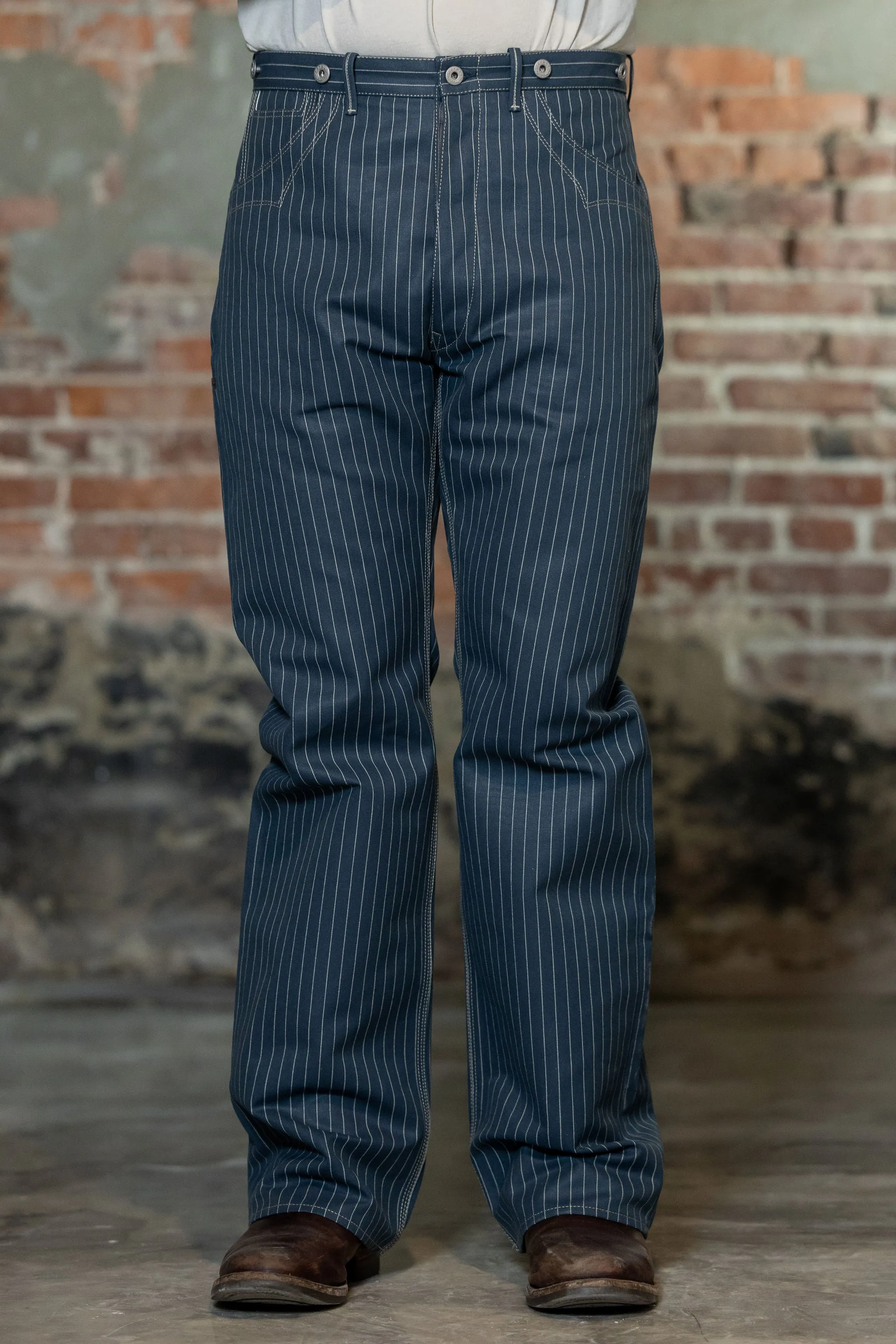 Blue Blanket IJ2 IT127 Waist Overall - Italian Custom Indigo Pinstripe Selvedge Denim sold by Franklin and Poe