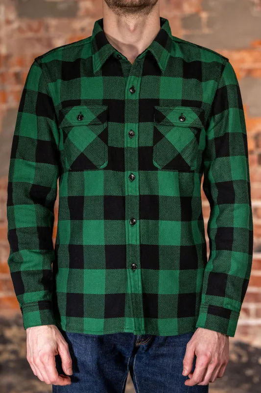 The Flat Head SNR-101L Block Check Flannel Shirt - Green/Black sold by Franklin and Poe
