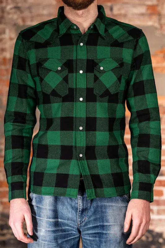 The Flat Head SNW-101L Block Check Western Flannel Shirt - Green/Black sold by Franklin and Poe