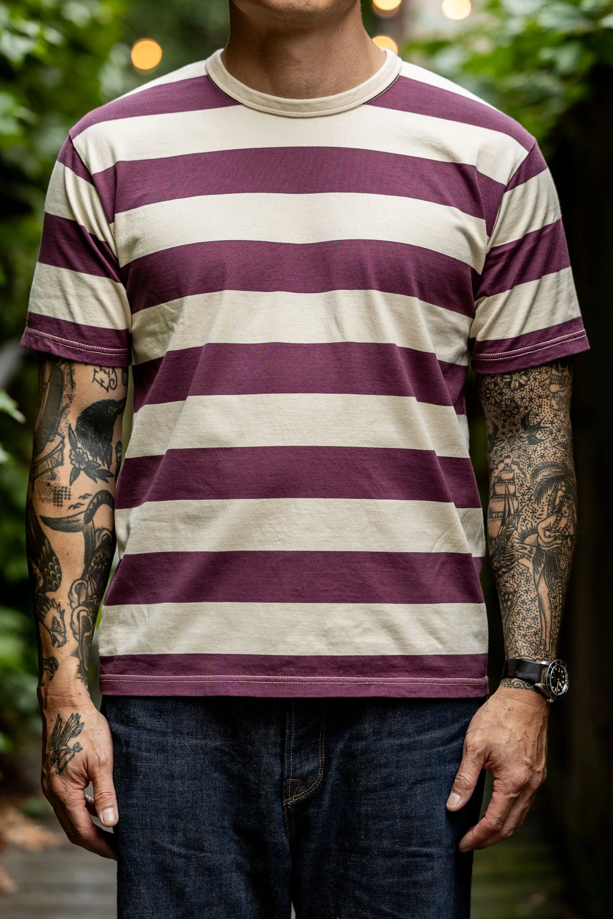 The Flat Head FN-THB-002 Border T-Shirt - Ivory/Purple sold by Franklin and Poe