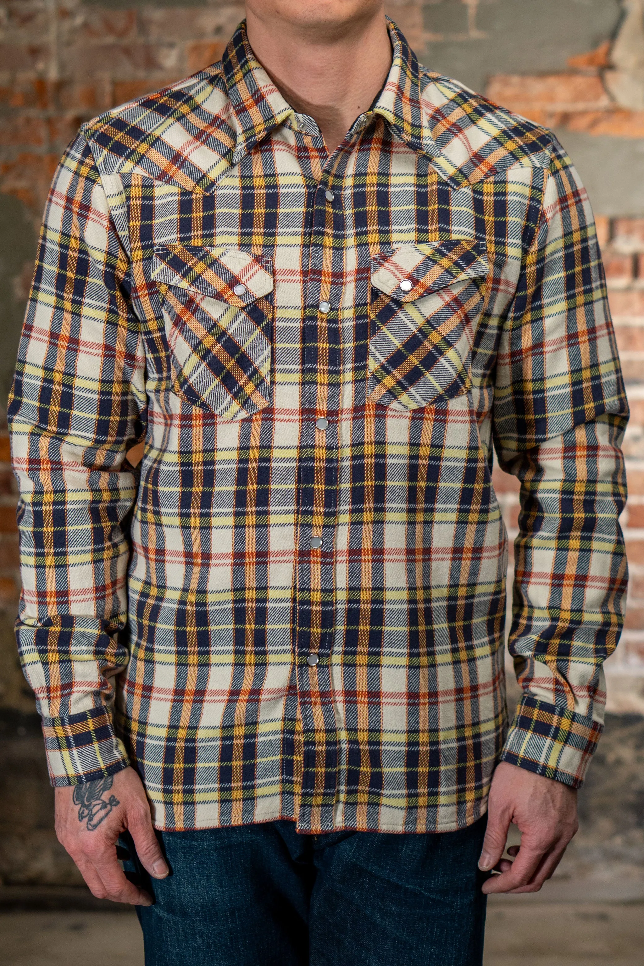 The Flat Head FN-SNW-014L Check Flannel Western Shirt - Ivory/Black sold by Franklin and Poe
