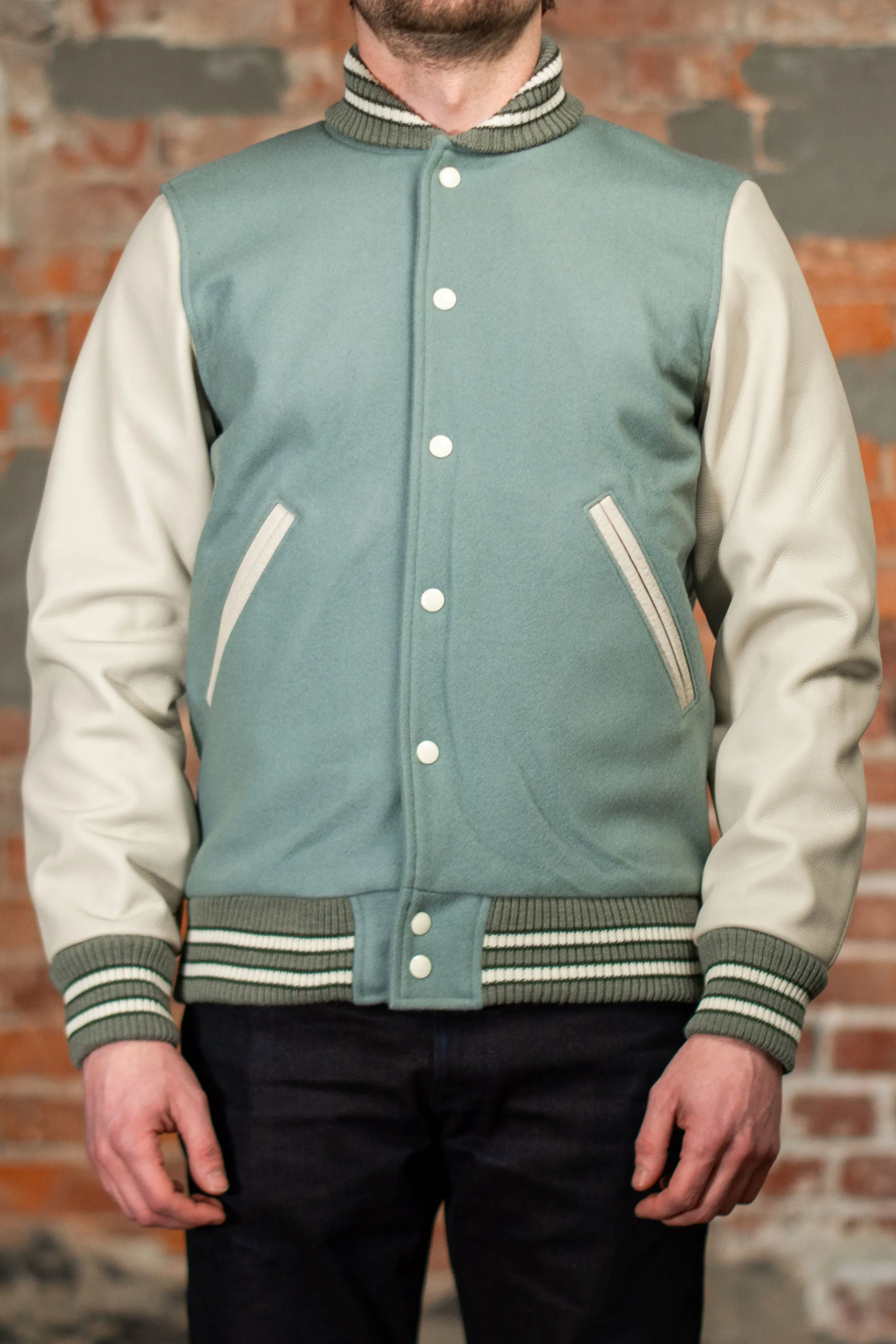 Dehen 1920 Varsity Jacket - Reef Wool / Milk Leather sold by Franklin and Poe