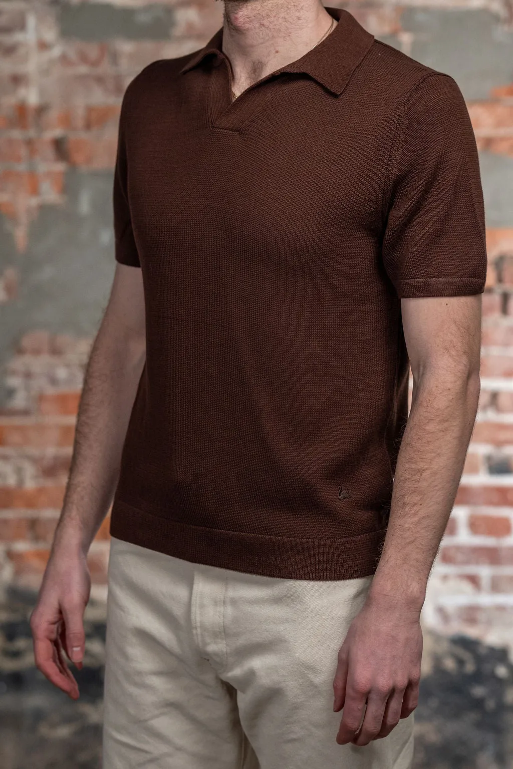 Merz b. Schwanen KNITPOLO02 1962 Cotton Polo Shirt - Chocolate sold by Franklin and Poe product image thumbnail 2