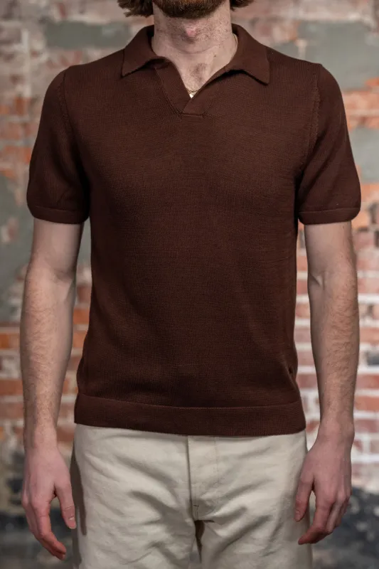 Merz b. Schwanen KNITPOLO02 1962 Cotton Polo Shirt - Chocolate made by Merz B. Schwanen