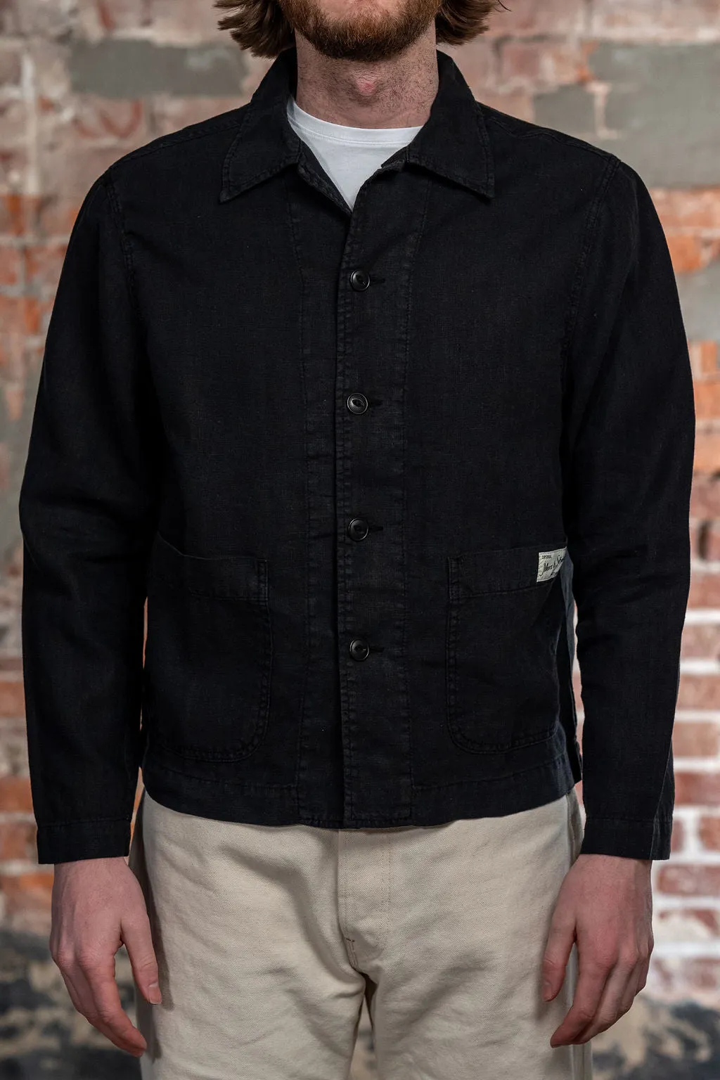 Merz b. Schwanen JKT08LI Linen Cropped Worker's Jacket - Deep Black sold by Franklin and Poe