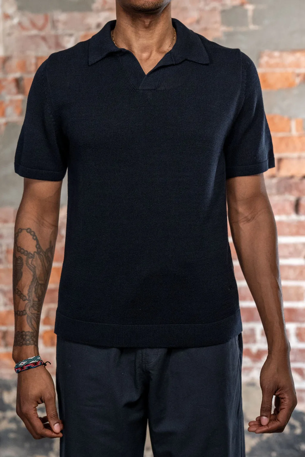 Merz b. Schwanen KNITPOLO02 1962 Cotton Polo Shirt - Dark Navy sold by Franklin and Poe