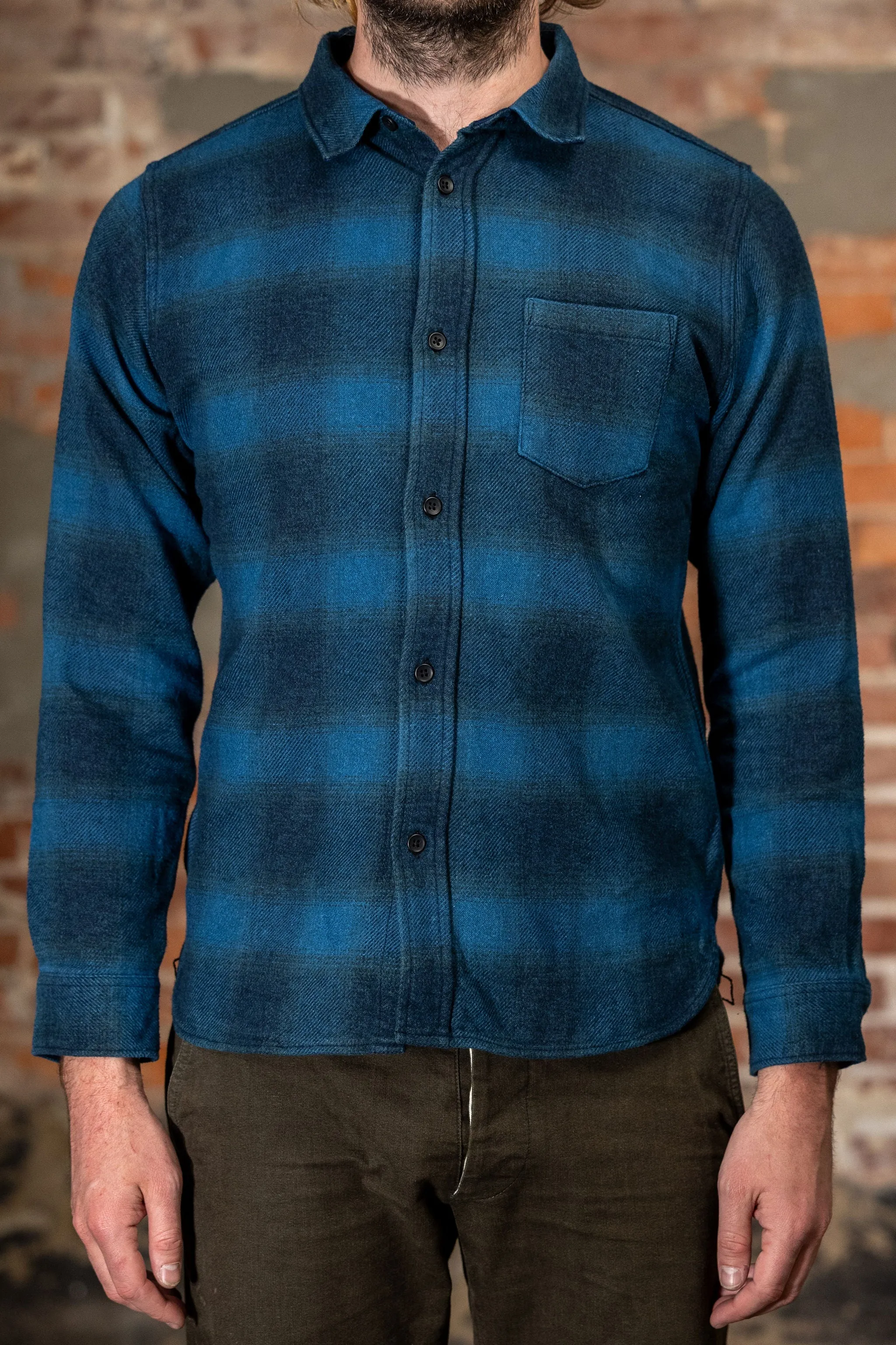 Pure Blue Japan 2235-BE Tweed Check Shirt - Beige Indigo Overdye sold by Franklin and Poe