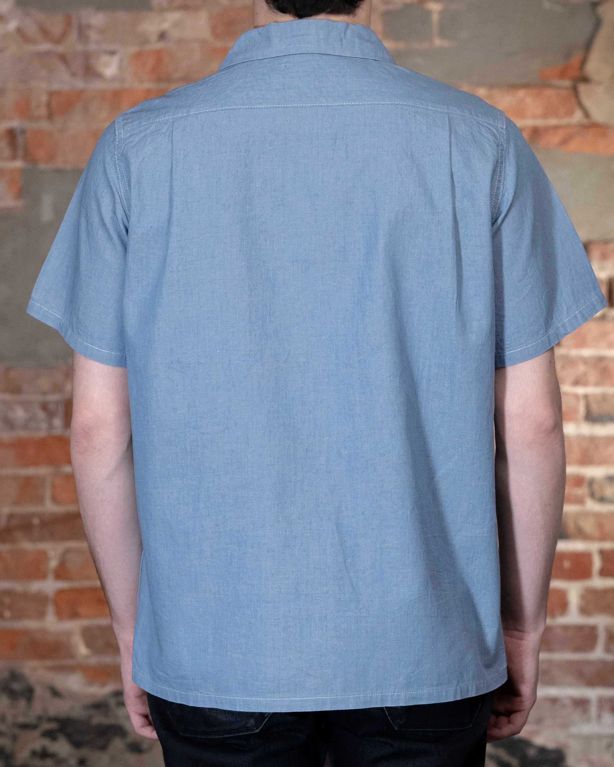 Iron Heart IHSH-447-SAX 5oz Cotton Linen Open Collar Short Sleeve Shirt - Sax Blue sold by Franklin and Poe product image thumbnail 3