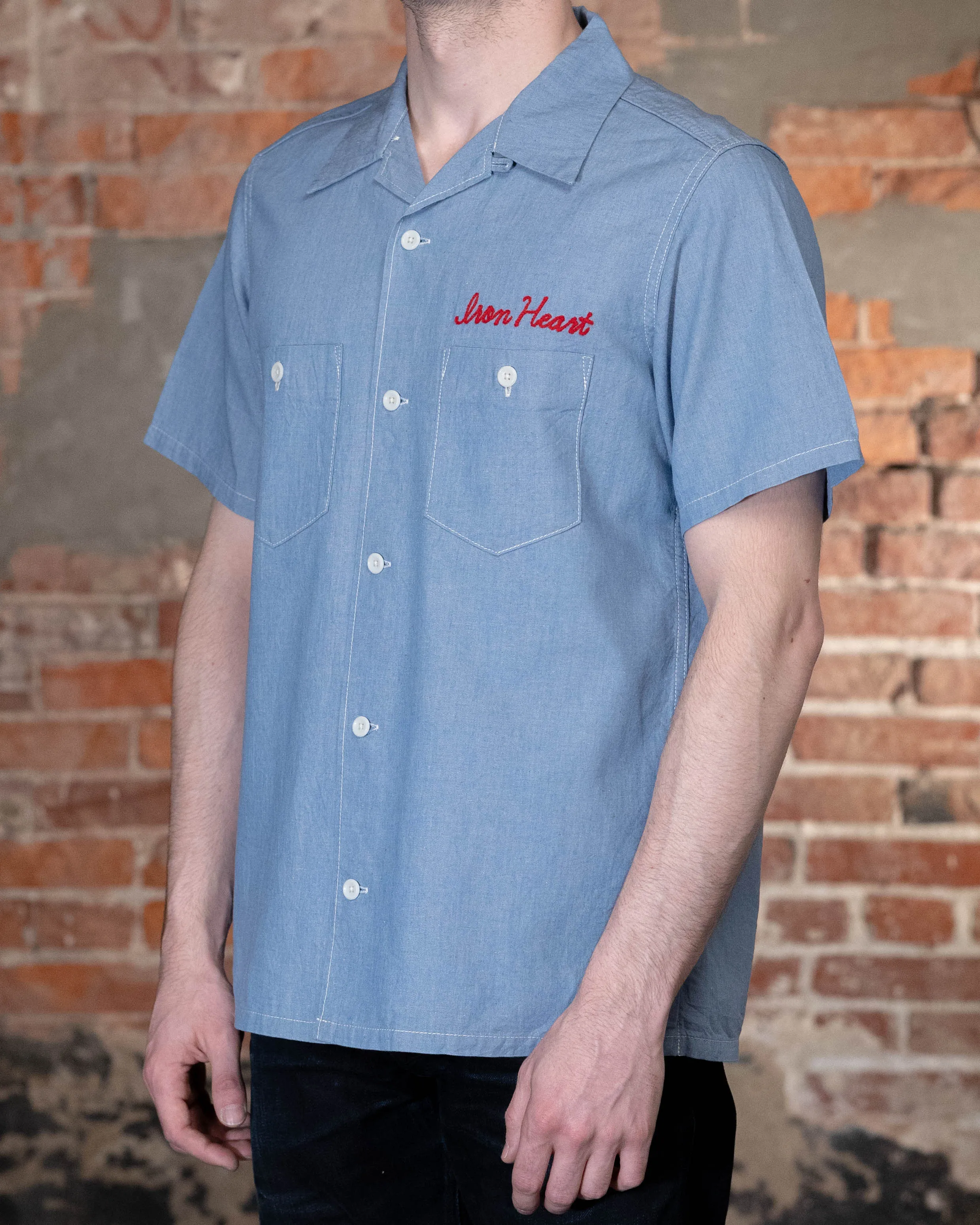 Iron Heart IHSH-447-SAX 5oz Cotton Linen Open Collar Short Sleeve Shirt - Sax Blue sold by Franklin and Poe product image thumbnail 2