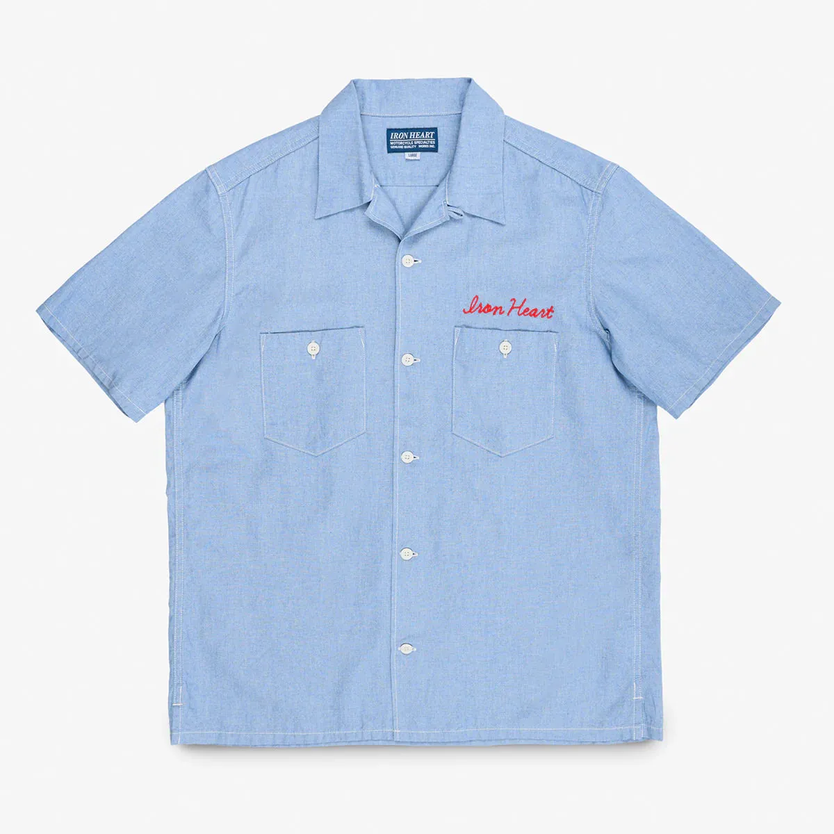 Iron Heart IHSH-447-SAX 5oz Cotton Linen Open Collar Short Sleeve Shirt - Sax Blue sold by Franklin and Poe product image thumbnail 4
