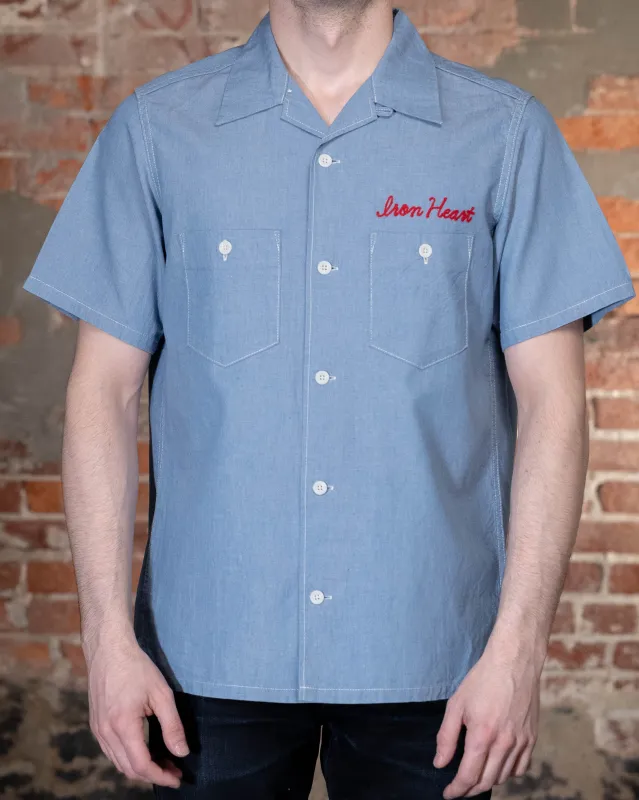 Iron Heart IHSH-447-SAX 5oz Cotton Linen Open Collar Short Sleeve Shirt - Sax Blue made by Iron Heart