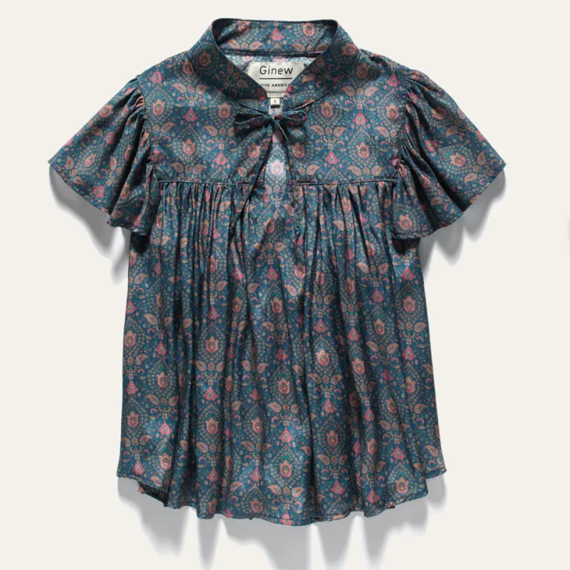 Silk Ruffle Top Teal Paisley Women's sold by Ginew