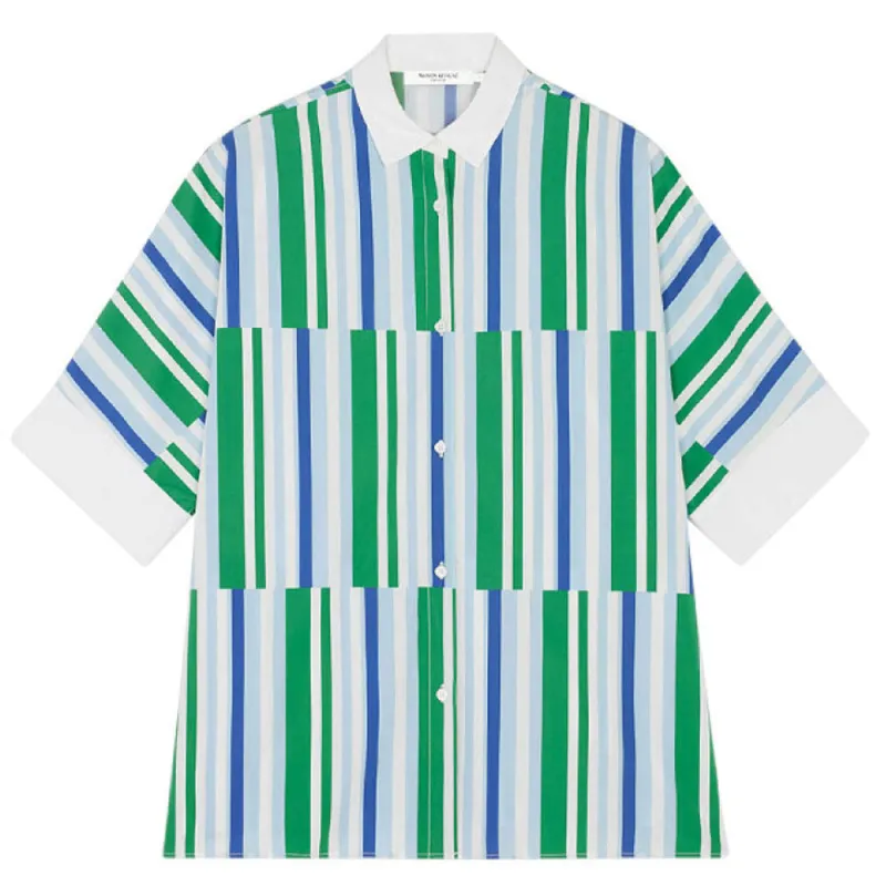 Maison Kitsune | Boxy Shirt 'Blue Green Stripes' sold by Hatchet Outdoor Supply Co