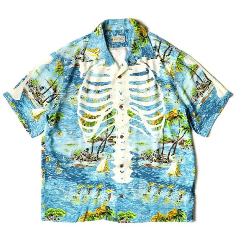 Kapital | Rayon Kamekameha Bone Aloha Shirt 'Blue' sold by Hatchet Outdoor Supply Co