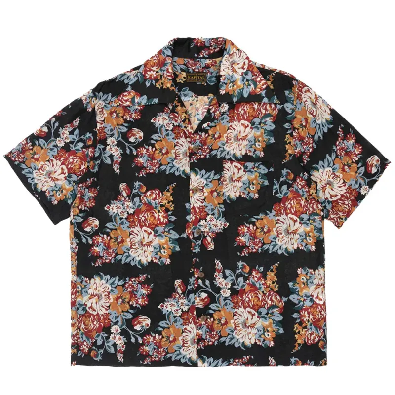 Kapital | Silk Rayon CHAMPETRE MARIA WRANGLE Collar Aloha Shirt 'Black' sold by Hatchet Outdoor Supply Co