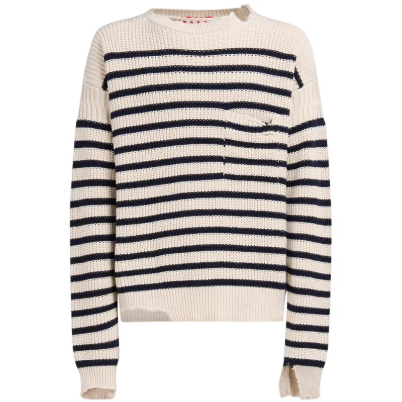 Marni | White Wool And Cotton Striped Fisherman Jumper Sweaters 'Stone White' sold by Hatchet Outdoor Supply Co