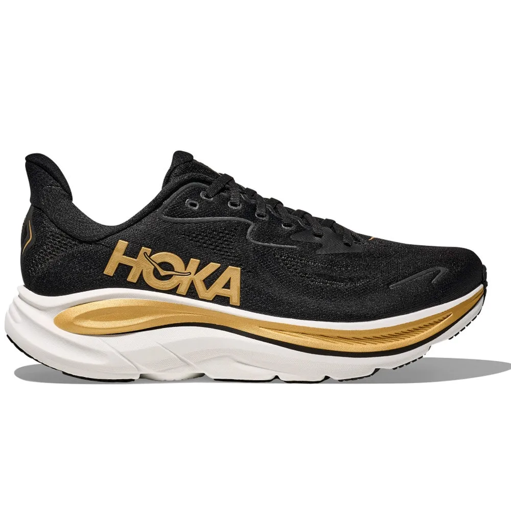 HOKA | Women's Clifton 10 Shoes 'Black / Gold' sold by Hatchet Outdoor Supply Co