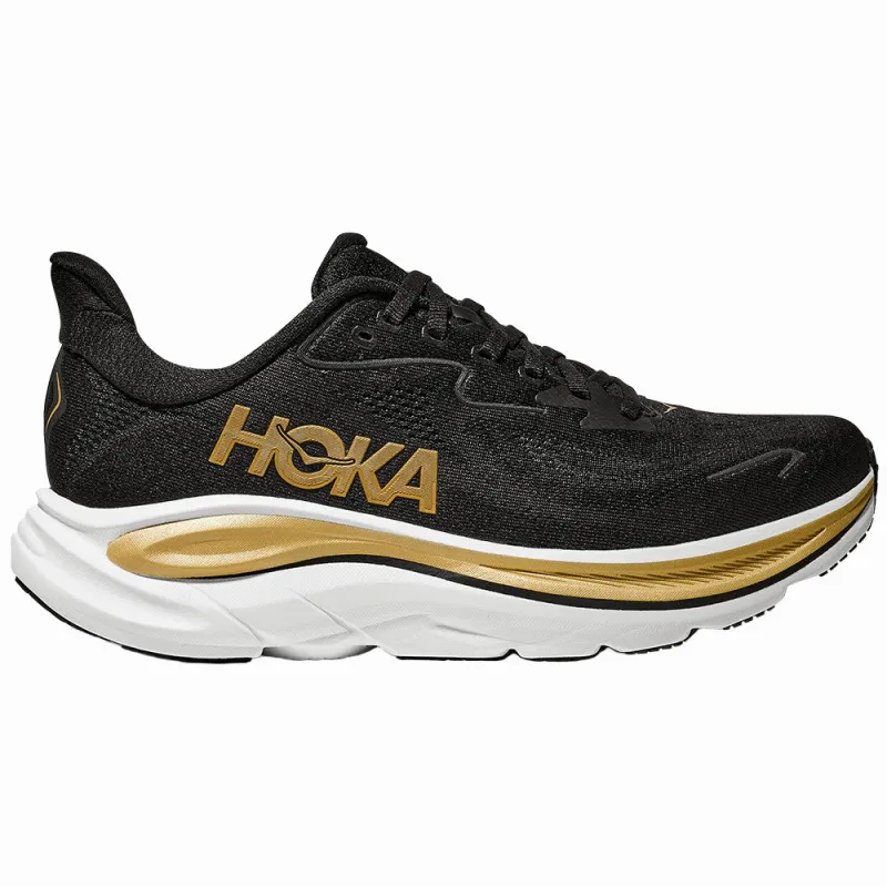 HOKA | Women's Clifton 10 Shoes 'Black / Gold' sold by Hatchet Outdoor Supply Co